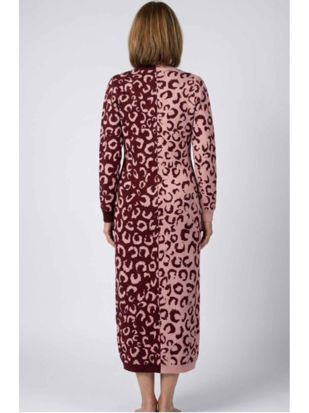Farm Rio Mixed Leopard V-Neck Knit Midi Cardigan Dress Pink Burgundy Size Medium - Picture 3 of 7
